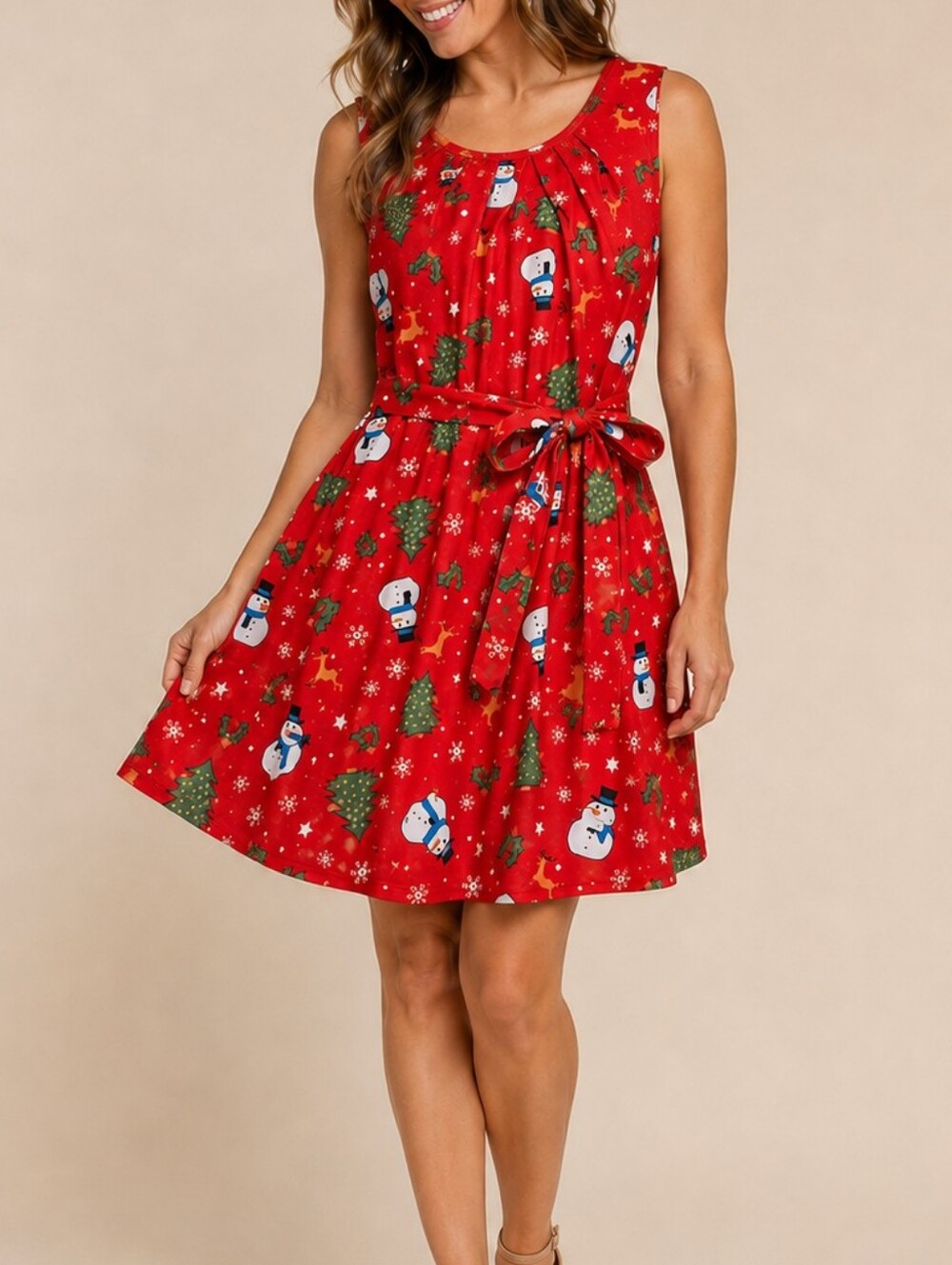 Christmas Snowman Sleeveless Fit & Flare Red Dress Women's Medium Retro Holiday
